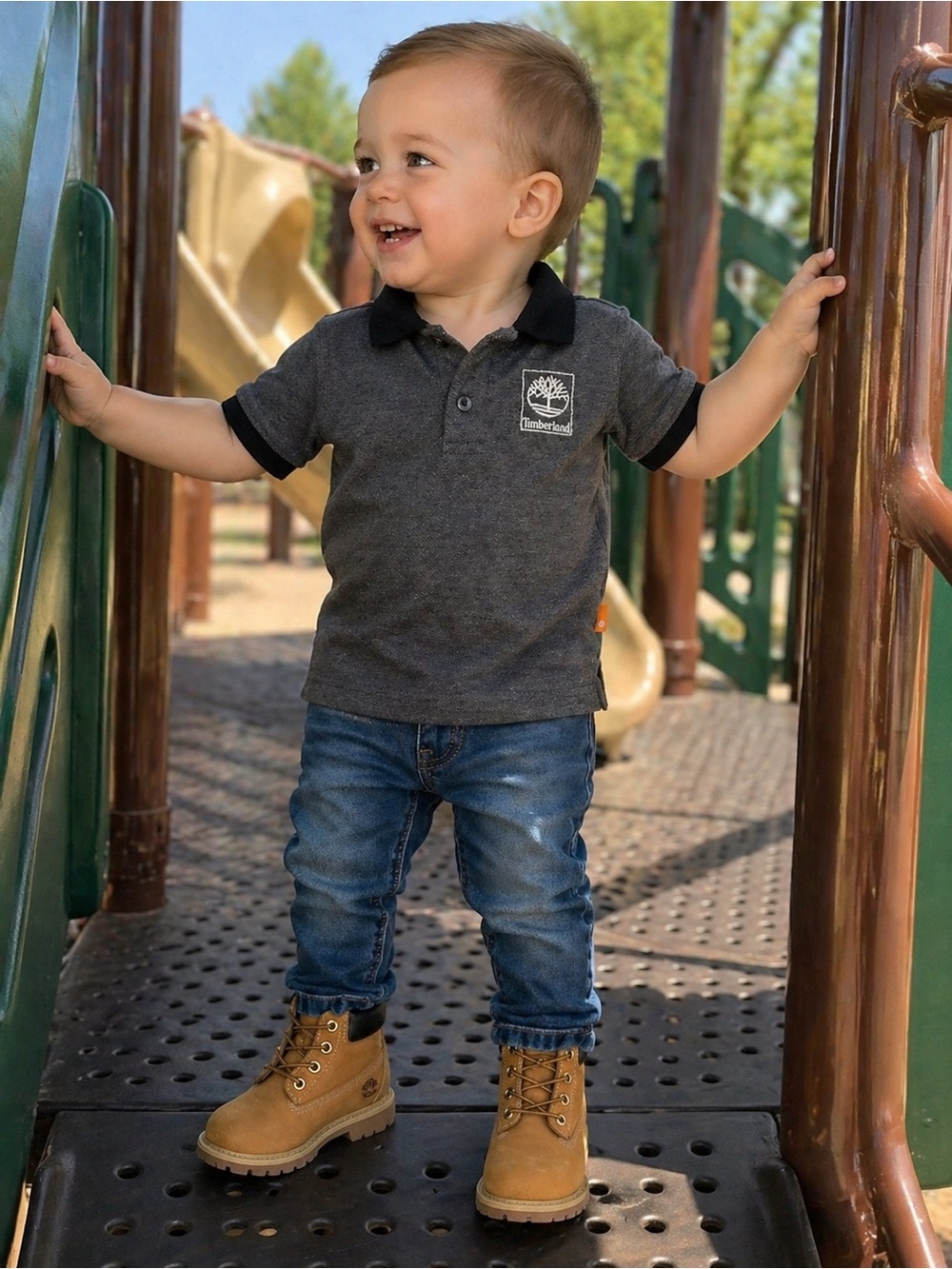 Timberland Boys Polo Shirt 18–24M Charcoal Gray Logo Short Sleeve Preppy